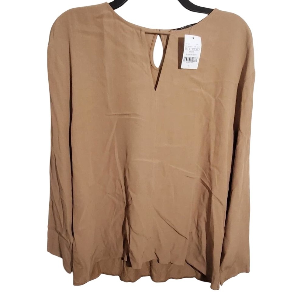 Mango Basics Blouson Berti Camel Tan Long Sleeve V-Neck Blouse‎ Womens Large NEW